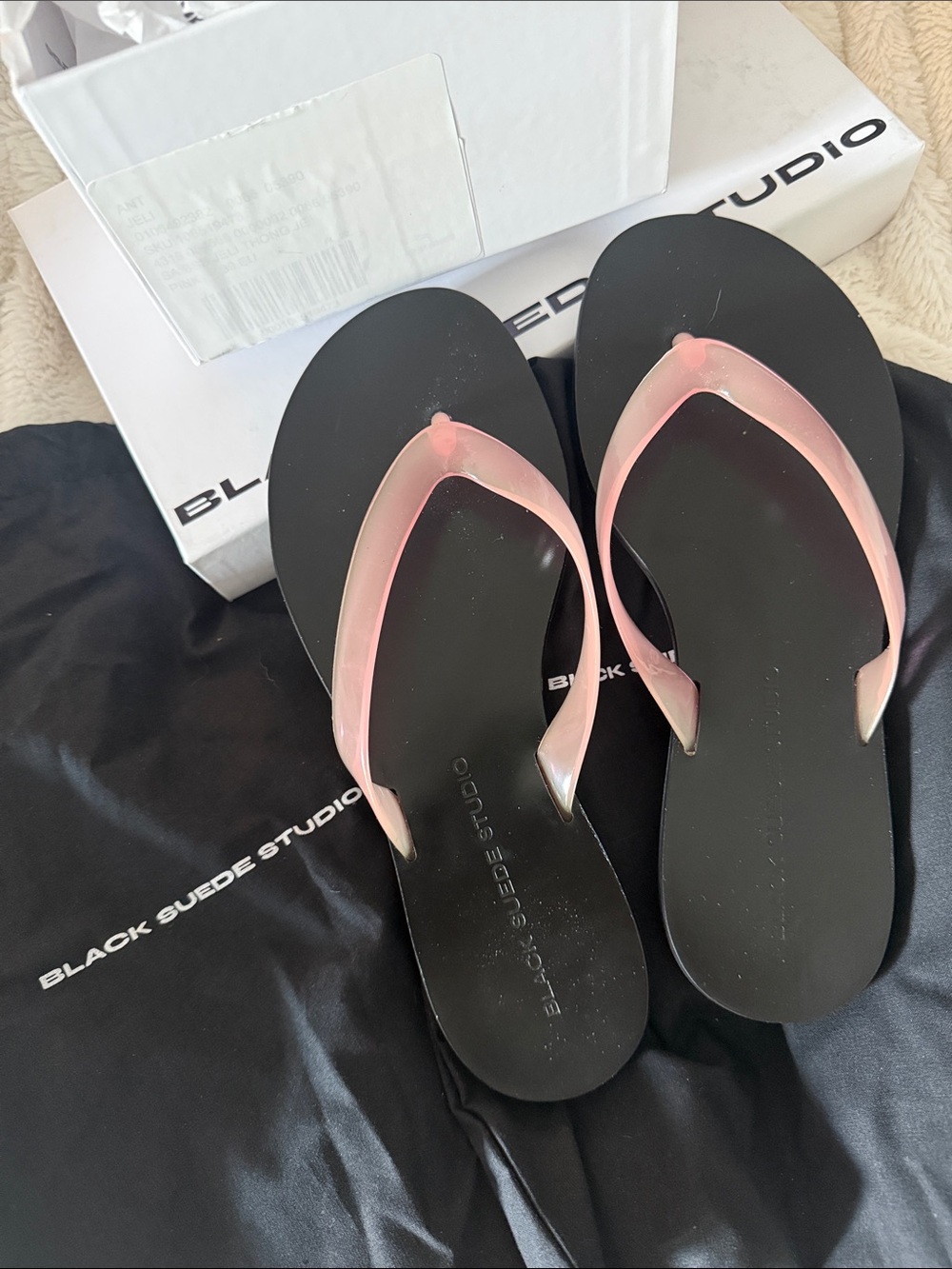 Black Suede Studio Black Sandals with Pink Straps